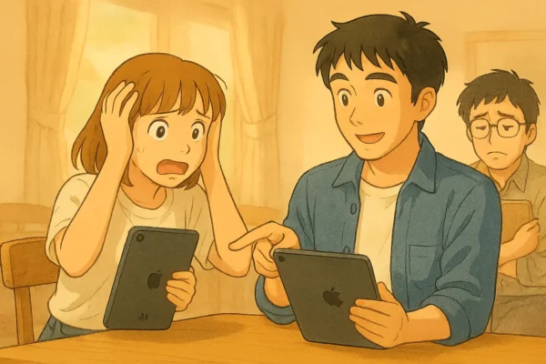 陽菜が第11世代iPadを手にして“がーん…”と驚き、ひろとがAirを持って説明している。さとしはAir3を抱えながら肩を落としている様子