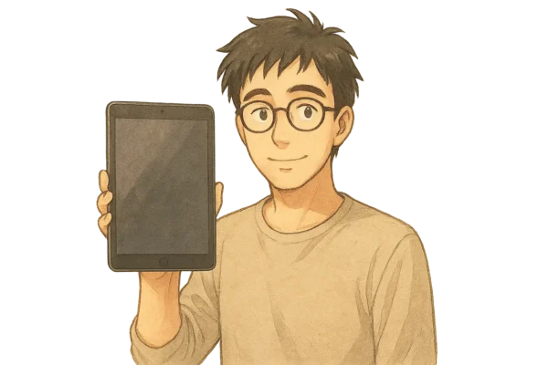 彼は優しく微笑み、iPadを手に持ち、まるでiPadの機能を説明しているかのよう。
