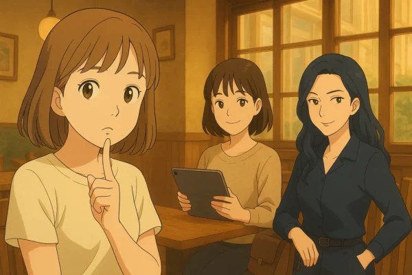 前👉陽菜が人差し指をほほに当てながら、疑問を持っている顔をしている。背景にみさきとまなみが後ろで答えるよという顔をしている。