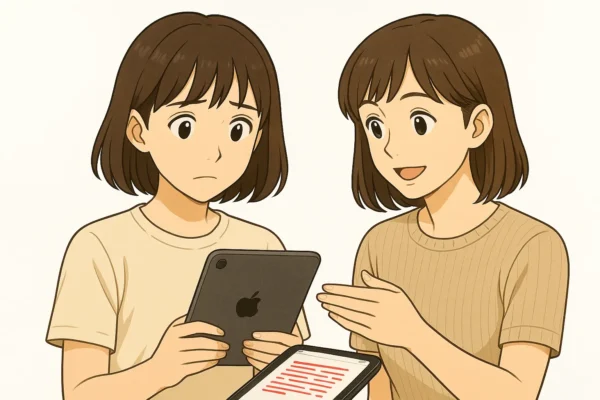 iPad miniを持って、赤文字のノートを見ている陽菜 横でアドバイスするまなみのやさしい表情