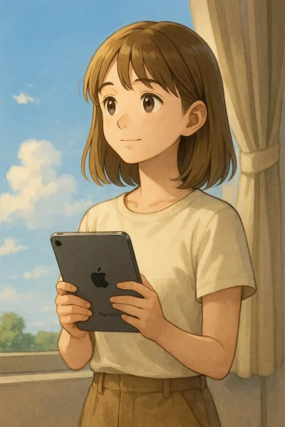 陽菜が1人でiPad miniを持っているシーン 少し勇気を出して「自分もやってみよう」と思っているような表情 空や光が美しい背景