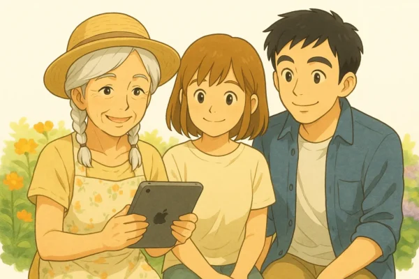 春子さんの庭で3人が会話