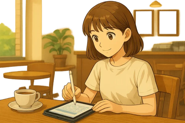 まなみがカフェでiPad miniとApple Pencilを使ってGoodNotesにメモしている