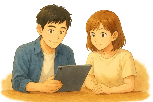 ひろとと陽菜が笑顔でiPadを見つめながら、「まだ使うか」「売るか」と軽く話している。