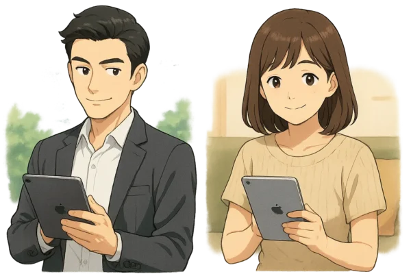 たけるとまなみがそれぞれiPad miniを使っているシーン。
左はたける　外で立ち仕事　俺はセルラーという表情
右はまなみ　室内でくつろぎながら使用 私はwifiという表情