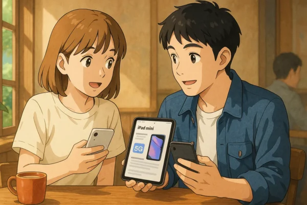 陽菜がiPhoneを見ながら、最近iPad miniの記事増えたよねとひろとに話している。
ひろとは第7世代も出たからねとスマホの情報を陽菜に見せている。