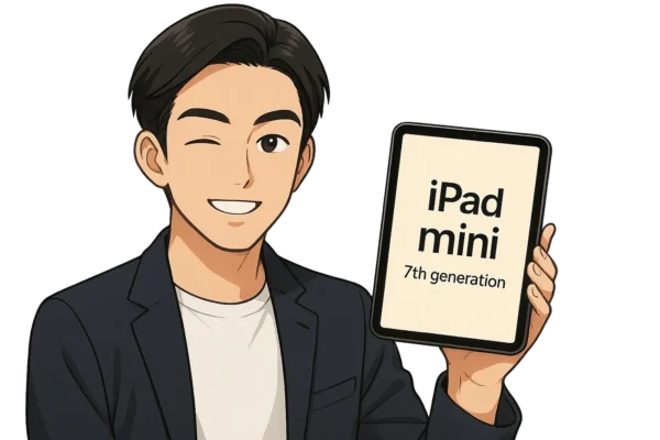 たけるがiPad mini 第7世代（miniなので小さいから）を片手に持ってこちらに見せて、嬉しそうにウィンクしている