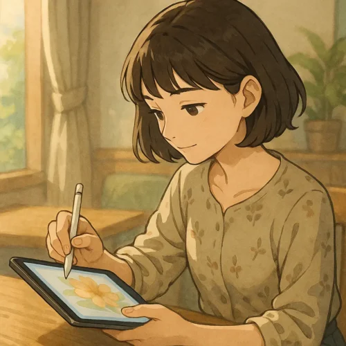 まなみが1人でiPad miniを使ってイラストを描いているシーン