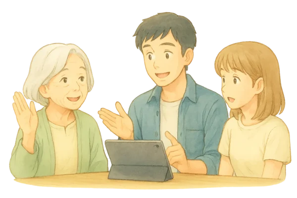 * おばあちゃんが「手を挙げて質問」している。ひろとと陽菜が答えている会話シーン。