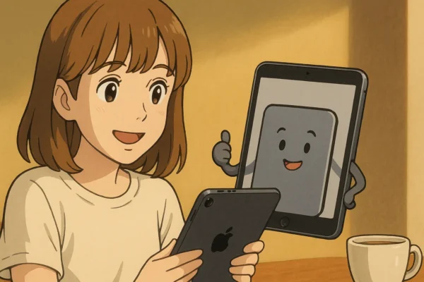 陽菜が、動画編集する人はiPad mini(第7世代)がいいのねという表情。iPad mini(第7世代）可愛い顔ありは、そうそうとうなづいている。