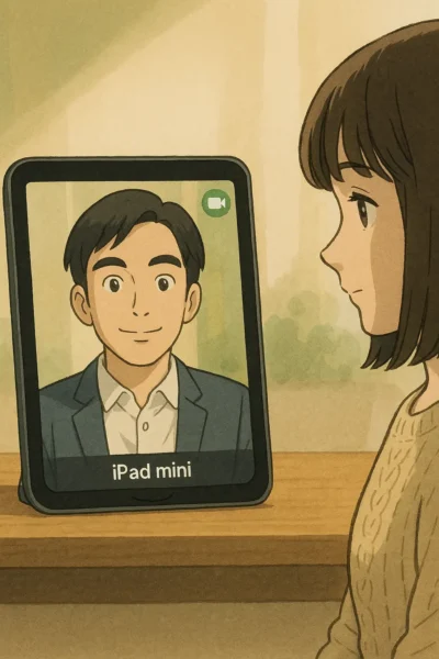 iPad miniでのビデオ会議中、タケルの顔が画面中央に表示されています。マナミはタケルを見守っています。
