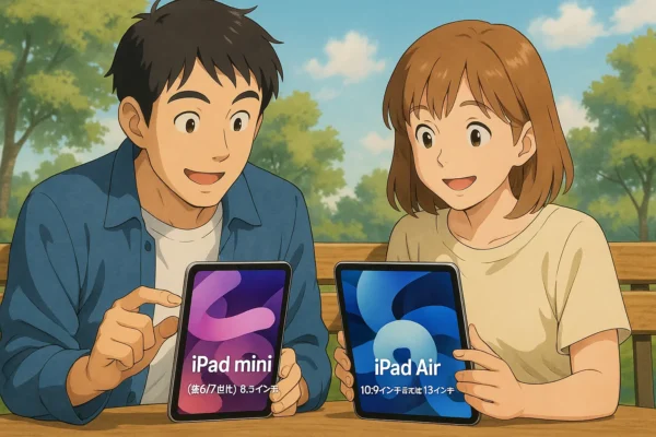 iPad mini（第6/7世代）8.3インチ　と　iPad Air 10.9 or 13インチの違い　を違うね～と陽菜とひろとが見ている