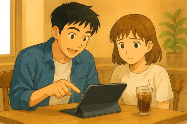 カフェでiPadを開いて、画面をのぞき込むひろとと陽菜。ひろとは説明しながら指をさし、陽菜はちょっと不安そうにしている