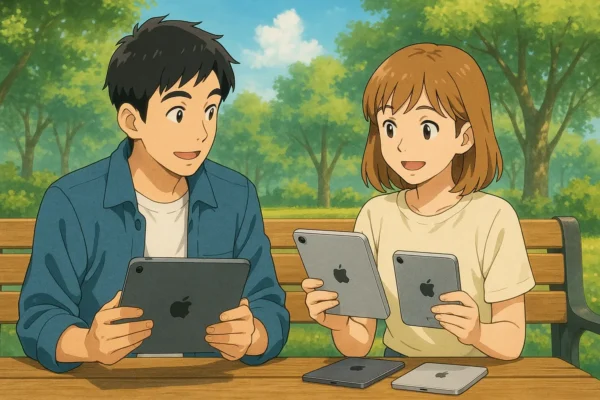 公園のベンチでiPad miniを検討している