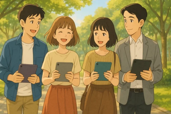 人の友達がそれぞれ違うケースに入ったiPad miniを手に、公園を散歩している様子