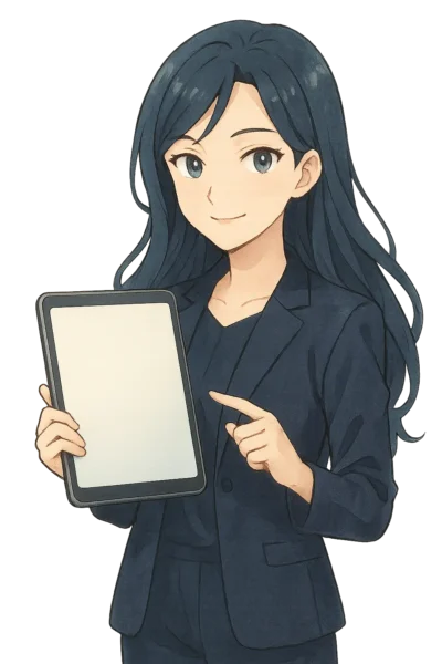 みさきが、iPad Air(13インチを抱きながら)こちらに指をさし「何を選ぶ?」のようなしぐさをしている。