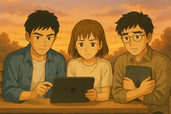 ひろと・陽菜・さとしが並んでベンチに座り、それぞれのiPadを見ながら“次を考える”真剣な表情。背景はやわらかな夕暮れ