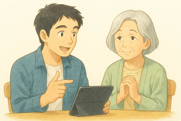 ひろとがiPadのサポート終了について説明、おばあちゃんが「ふむふむ」とうなずいている会話シーン。