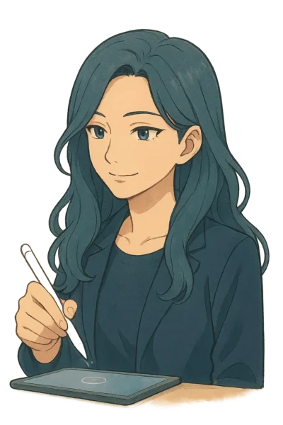 スタイラスペン(Pencil Pro のような)を軽く握る手(Misaki)のクローズアップ、微妙な波紋/フィードバック効果、タブレットの表面上のホバーカーソルのヒント、透明な背景。