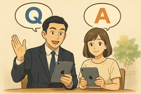 たけるとまなみが先生のようになって、Q＆Aのインタビューを答えている様子