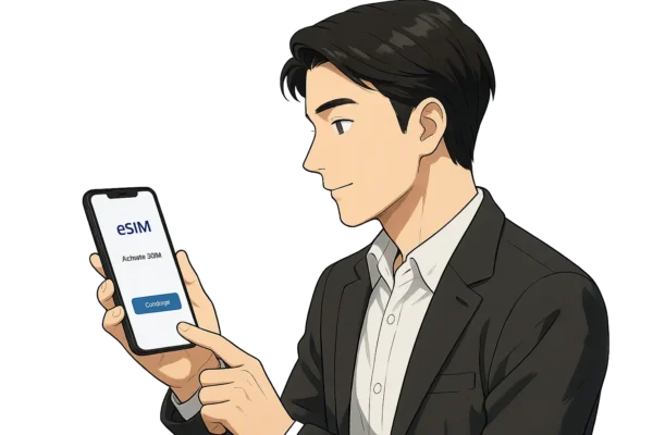 たけるがスマホで格安SIMを設定しているシーン