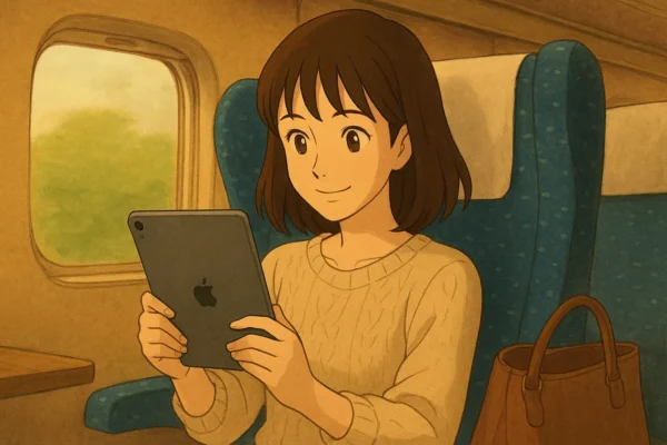 新幹線の中で、iPad miniを使って楽しんでいるまなみ。小さな画面でカバンからさっと出せるという持ち運び良さを表している。