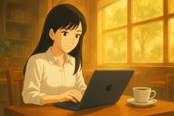 カフェでみさきがiPad Air(13インチ）でCanvaで画像を生成。プロフェッショナルな雰囲気で。