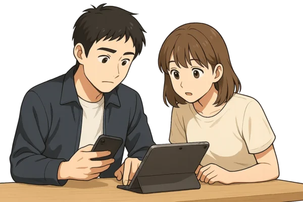 ひろとがiPadとスマホを並べて確認している（陽菜が隣で覗き込む）