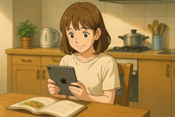 キッチン近くのダイニングで、料理レシピを見ているまなみ