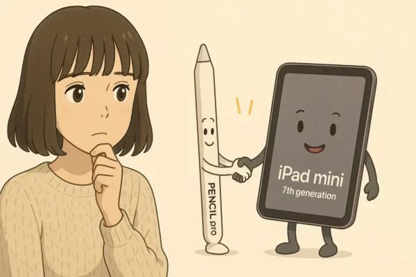 iPad pencil ProとiPad mini(第7世代）はイラストで効率よくかけるよ！という動作を可愛い顔をしたiPad Pencil Proと可愛い顔をしたiPad mini(第7世代）が可愛く握手している。 まなみはiPad mini(第6世代）を使っているので、プレッシャーを感じながら考えている。