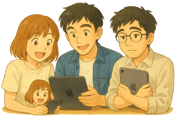 陽菜がiPadで写真検索して驚いている。ひろとはSafariを開きながら納得顔、さとしはAir3を持ちながら“これならまだ使えるかな”と安心している様子