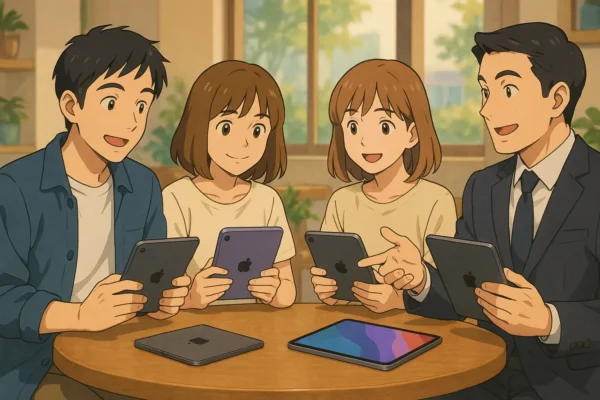 4人が丸テーブルを囲んで、それぞれ自分のiPadを見せ合いながら話しているイメージ