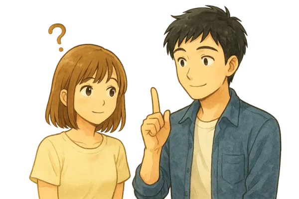 陽菜が首をかしげて「?」の吹き出し。
ひろとが指を立てて「ポイント!」と説明している。