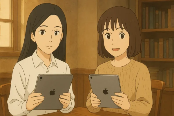 iPad Airを持っているみさき、iPad miniを持っているまなみが読者の質問に答えようとこちらを向いて質問どうぞという表情をしている。二人とも大人の女性の貫録。