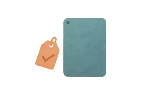 小さな値札アイコン + タブレットのシルエット + 優しいチェックマーク。