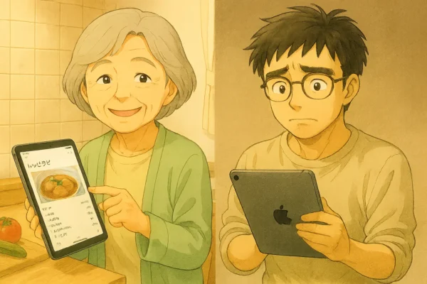 2パターンの画面
　➡さとしが大事そうにiPadAir第3世代を持ちながら、サポートのことを気にしている様子。
　➡幸子おばあちゃんが、iPad第7世代を使って料理のレシピを見て楽しんでいる。
