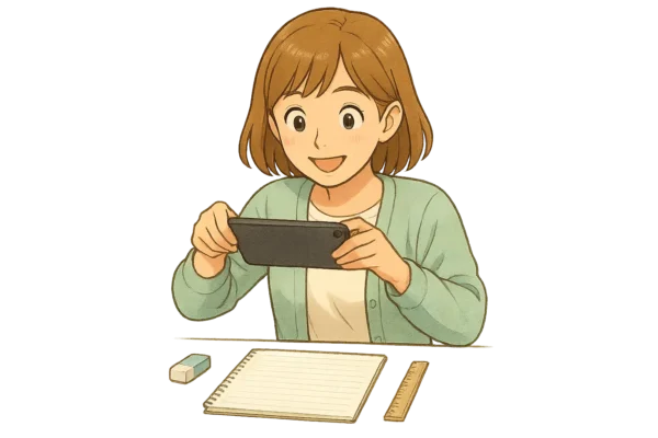 陽菜が真上からiPadでノートを撮るポーズ。