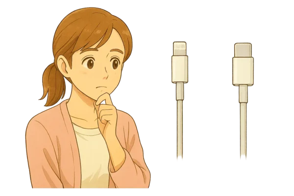 結衣が指をほほに当てて考えている
→ 横にLightningケーブルとUSB-Cケーブルが並ぶ。
→ Lightning側には旧iPhone/iPad、USB-C側には新しいiPadやiPhoneをシルエットで表示。