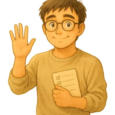 さとしがチェックリストを脇に抱えて、読者に小さな笑顔で感謝の手を振る