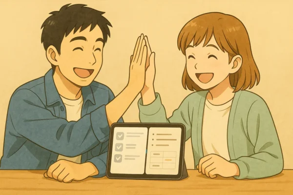 ひろとと陽菜はipadを前に、笑顔で、喜びの手タッチをしている様子。