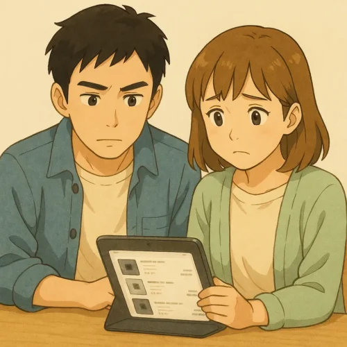 ひろとと陽菜は、中古ショップの画面を一緒に見ている。