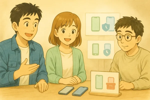 シーン：シンプルなデザインの店内のカウンター。新しいスマートフォンのシルエットが2つのグループ（価格重視と長期利用重視）に分けて展示されている。ヒロトが落ち着いた様子でスマートフォンを見比べている。ヒナは微笑んでいる。サトシは下取りサービスを示すアイコンをじっと見つめている。