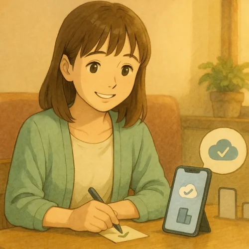 カフェでiCloudの完了チェックがつく画面。陽菜が笑顔