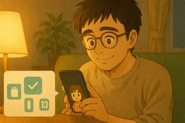 夜のリビングで、さとしが子どもの写真を見て微笑む。