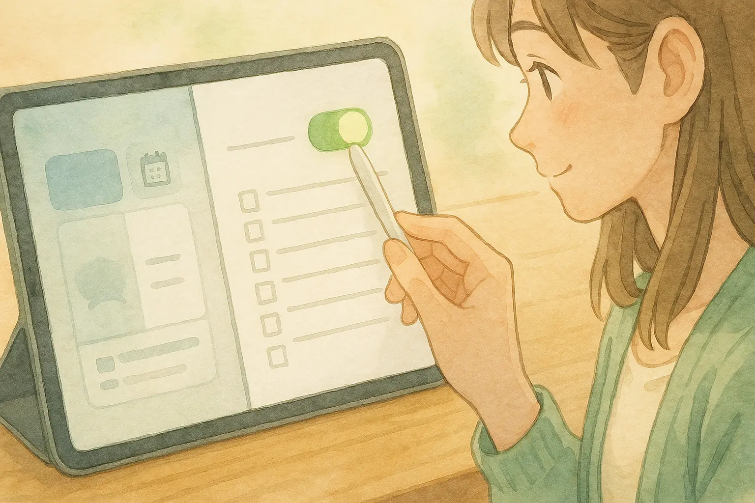 iPadのチェックリストで“自動開始”トグルをオンにして学習を始めるイラスト