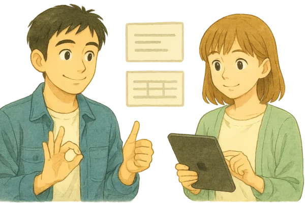前面に段落カード（数行の横線＋数カ所だけ太線＝強調）と、横に3列の表カード（ヘッダ＋数行）。Hina がiPadをスワイプ、Hiroto がOKジェスチャ。