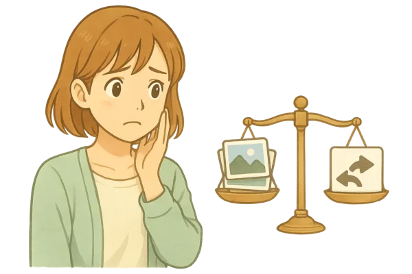 少し心配そうな表情のヒナ、天秤の片側には「多数の画像」、もう片側には「作業工程の分割」と書かれている。