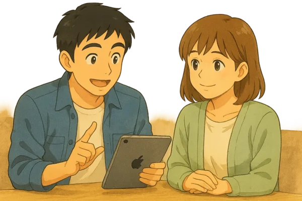 👉 ひろとが説明し、陽菜がうなずいて聞いているシーン。 (iPadを前にして語り合うイメージ)