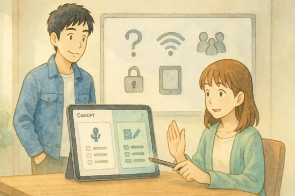 ホワイトボードのアイコンを使って疑問点と対処を確認するひろとと陽菜のイラスト