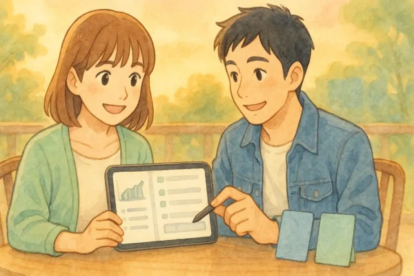 学習のふり返りをしながら進捗を確認するひろとと陽菜のイラスト